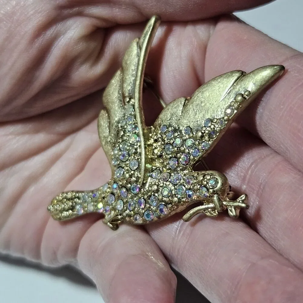 Gold Tone Aurora Borealis Rhinestone Dove Brooch